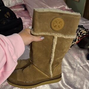 Tory Burch Tan Suede Boots with Shearling Trim